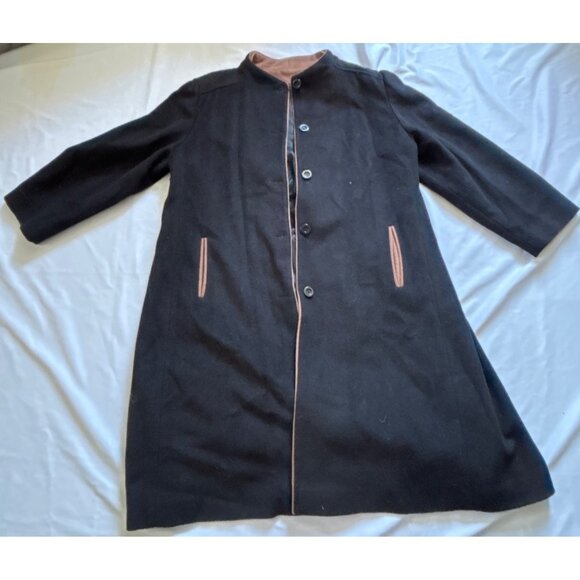 VTG Womens Black Wool Blend Long Coat Button Frt 3/4 Sleeves Made In USA Size M - Picture 1 of 6